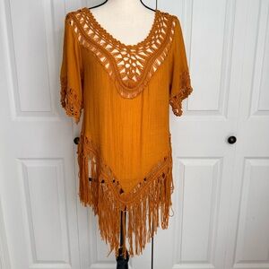 Vivid Mustard Crochet Fringe Tunic size Large Hippie Boho Festival